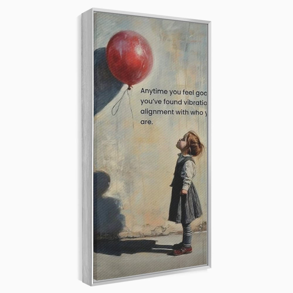 Tablou canvas cu tablou canvas cu fetita si balon rosu, in rama de aluminiu argintiu